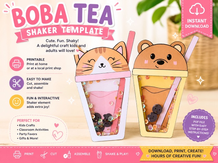 Boba tea shaker card - Printable craft games