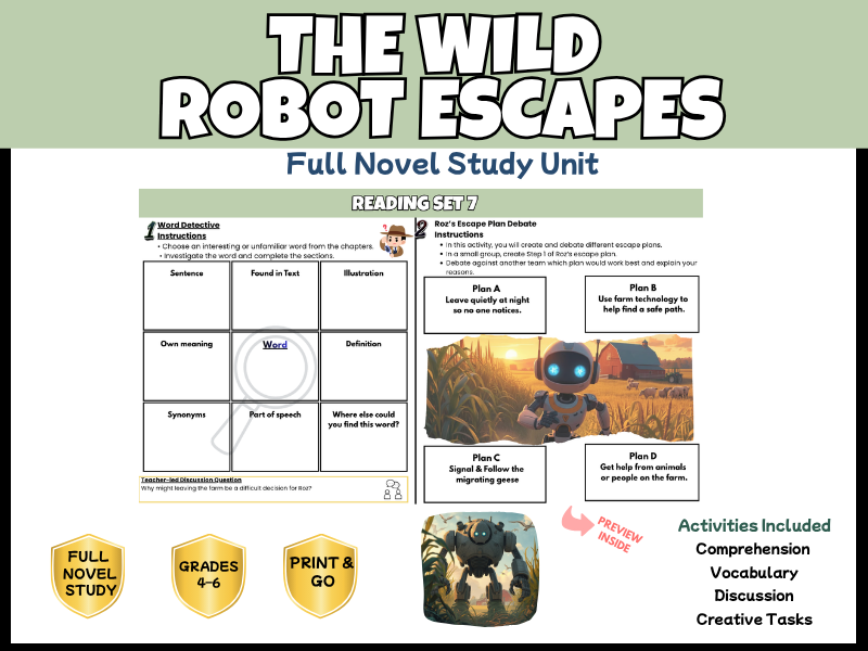 The Wild Robot Escapes Full Novel Study & Reading Comprehension Bundle | KS2 Years 4-7