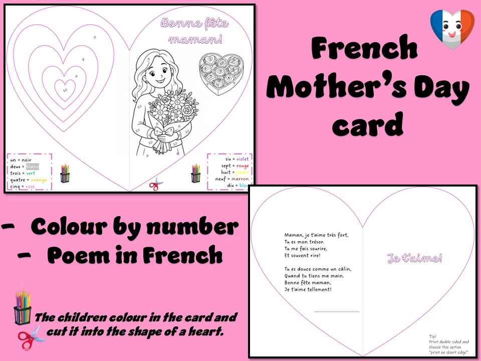 La fête des mères | French Mother's day | Colour by number | Card