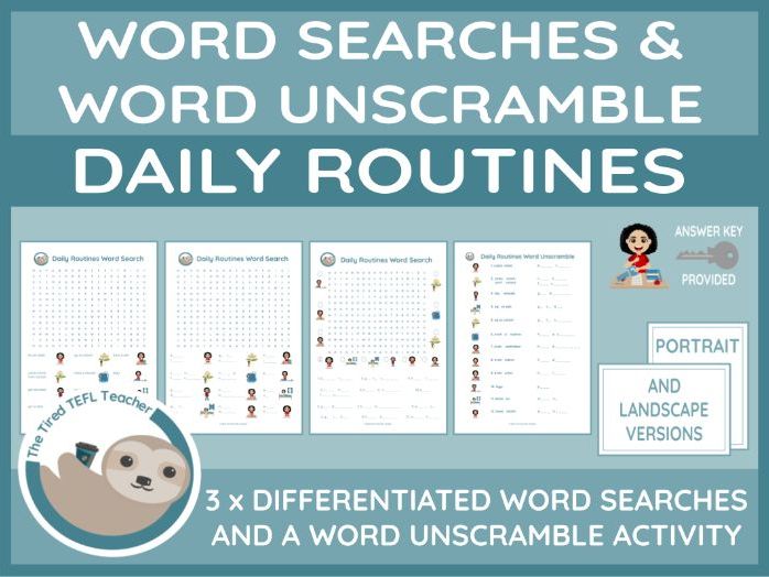 ESL Daily Routines Differentiated Word Searches and Word Unscramble
