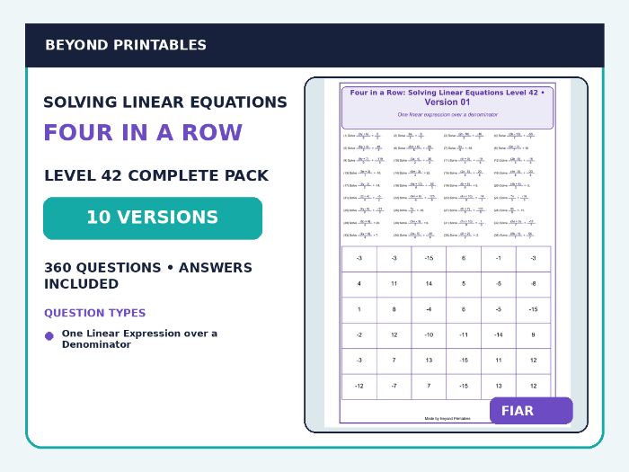 Solving Linear Equations Four in a Row | (4x - 6)/5 = 10 : Level 42 | 10-Version Maths Pack