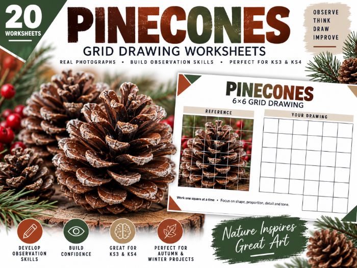 Pinecones Grid Drawing Worksheets – 20 Observational Drawing Activities | KS3 & KS4 Art