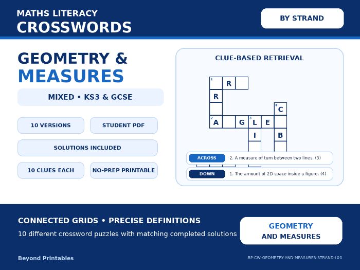 Maths Literacy Crosswords: Geometry and Measures Strand | 10 Puzzles + Solutions