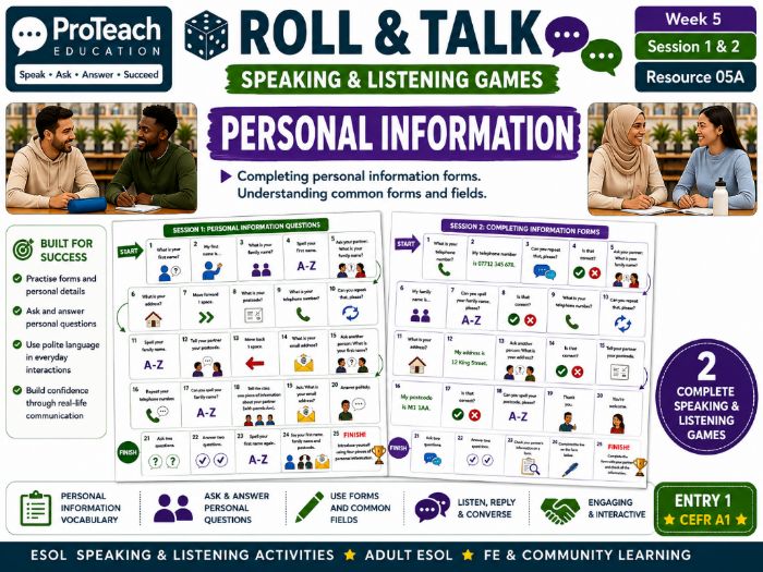 ESOL Entry 1 Speaking & Listening Games | Roll & Talk | Week 5 – Personal Information