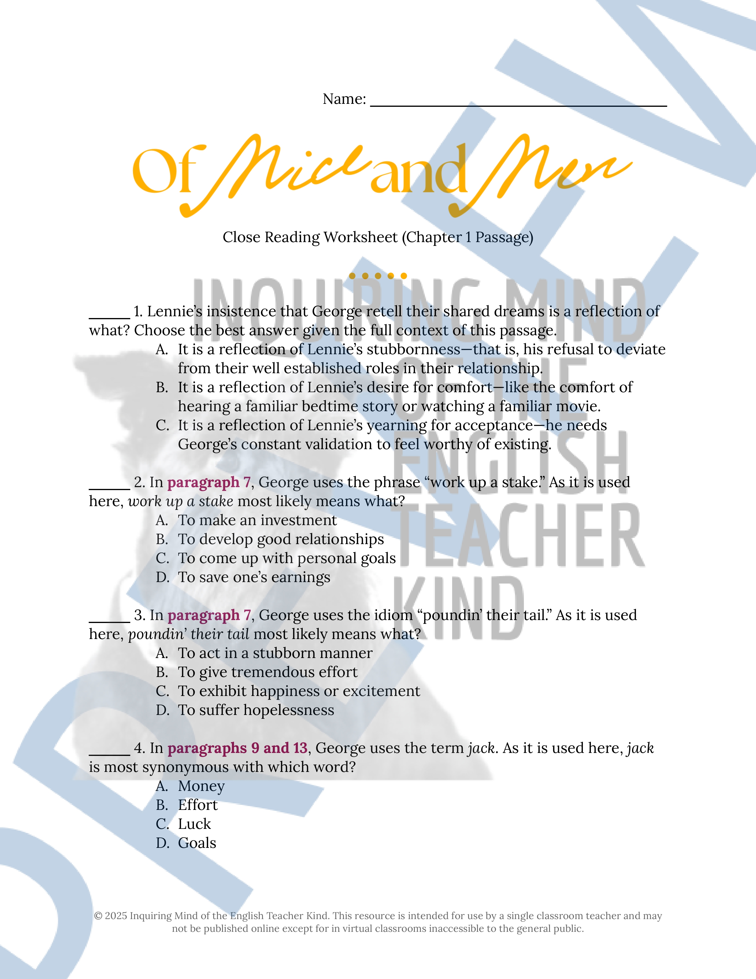 Of Mice and Men Chapter 1 Novel Analysis Worksheet | Close Reading ...