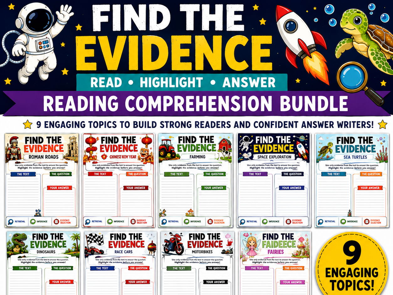 Find the Evidence Reading Comprehension Bundle | Evidence Retrieval & Inference Worksheets | Whole School Literacy