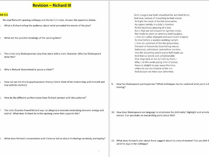 Richard III Homework Booklet