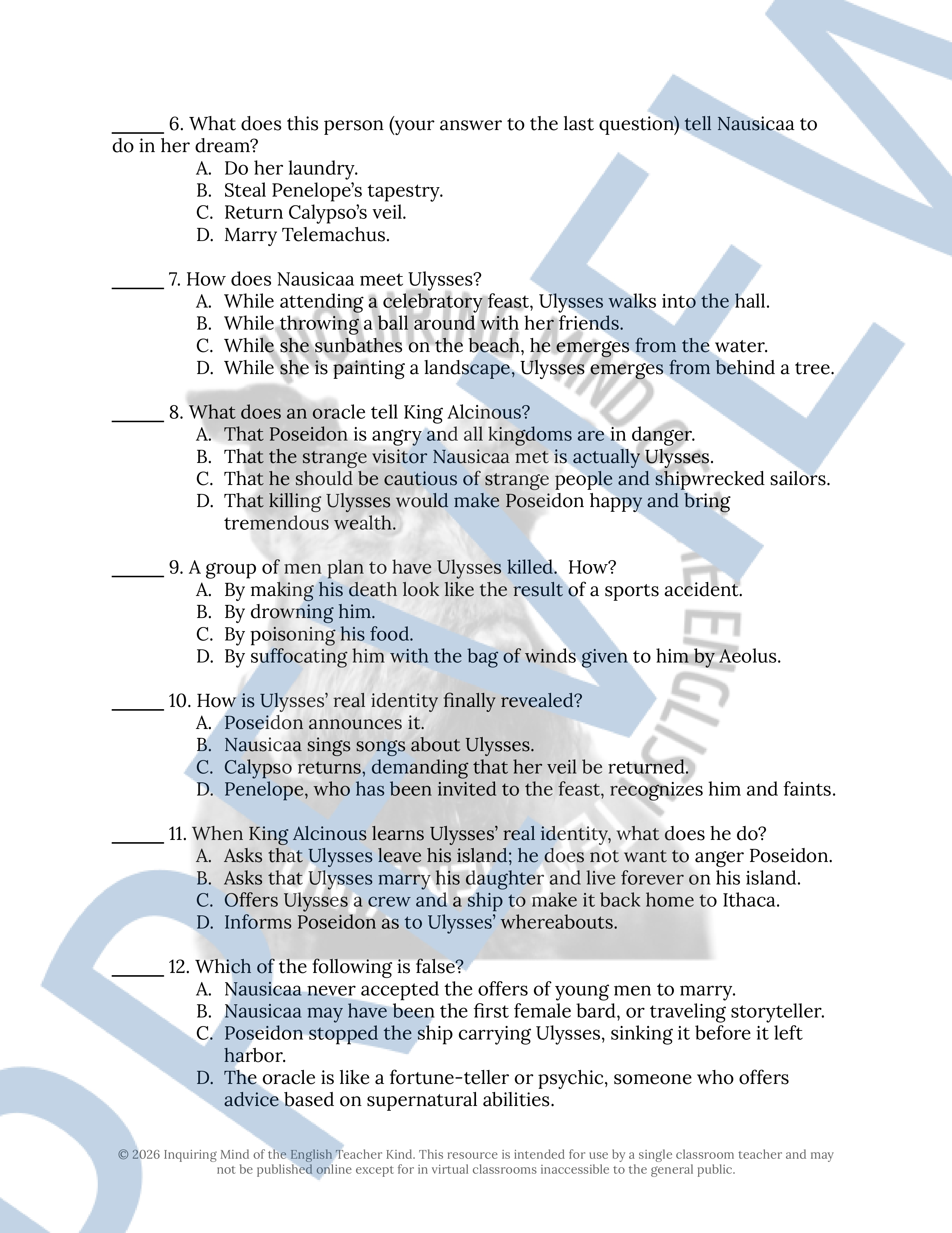 Adventures of Ulysses by Bernard Evslin Chapters 14 and 15 Quiz and ...