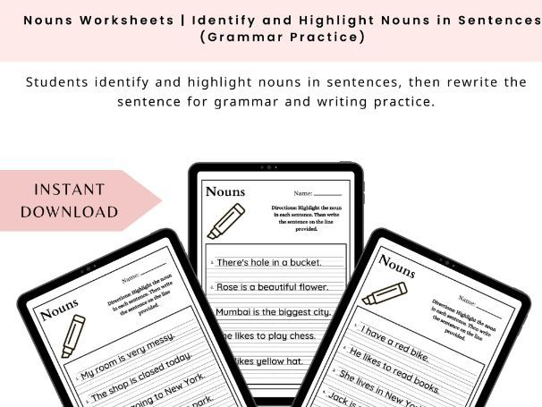 Nouns Worksheets | Identify and Highlight Nouns in Sentences (Grammar Practice)