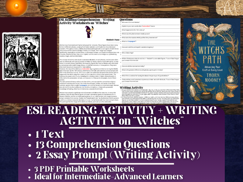 ESL Reading Comprehension + Writing Activity Worksheets on Witches