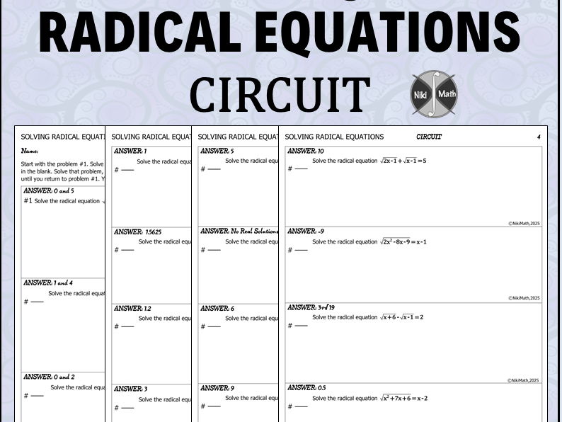 Solving Radical Equations - Circuit Training (15 Problems)