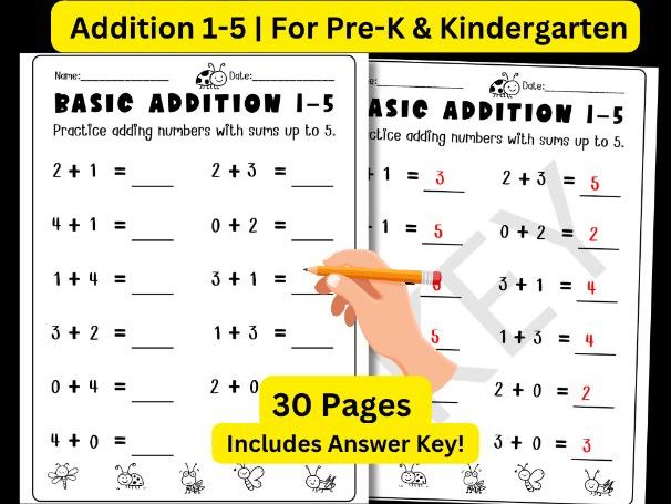 Basic Addition 1–5 Worksheets (30 Pages)