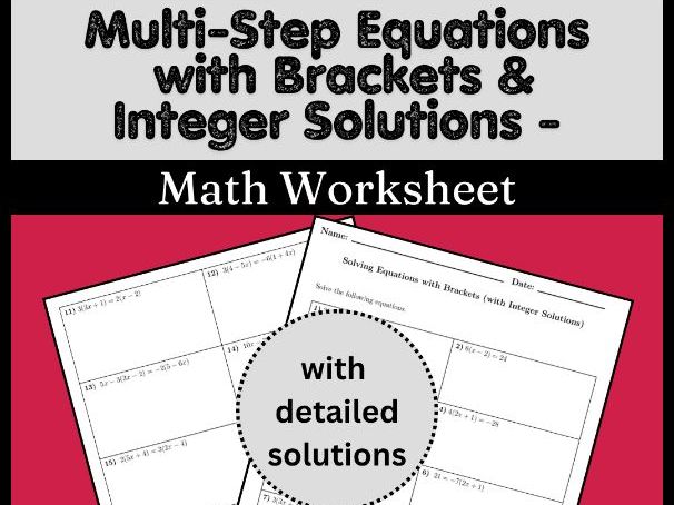 Multi-Step Equations with Brackets & Integer Solutions - Math Worksheet