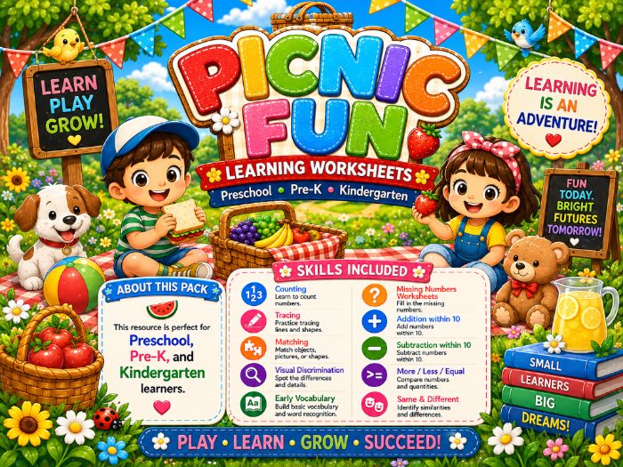 Picnic Worksheets for Pre-K & Kindergarten | Counting, Tracing, Matching & Math Activities
