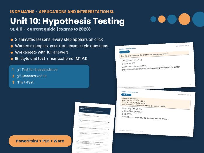 IB Maths AI SL Hypothesis Testing – Unit 10: chi-squared tests, t-test, p-values, IB-style test