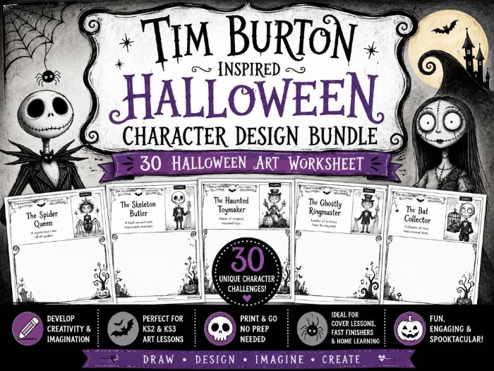 Tim Burton Inspired Halloween Character Design Bundle | 30 Halloween Art Worksheets | KS2 KS3 Cover