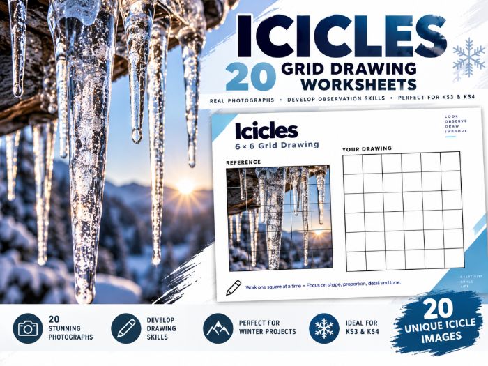 Icicles Grid Drawing Worksheets | 20 Winter Art Activities | KS3 & KS4 Observational Drawing