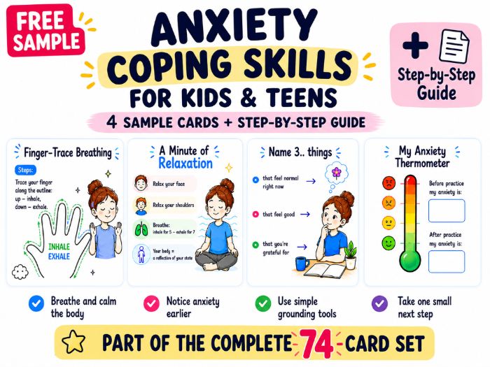 9 Anxiety Coping Skills Cards + Step-by-Step Guide | Free Sample for Kids & Teens