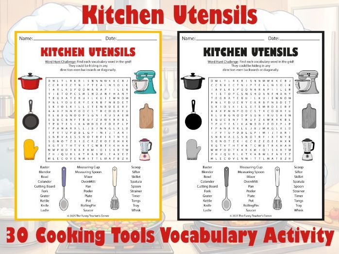 Kitchen Utensils Word Search | 30 Cooking Tools Vocabulary Activity
