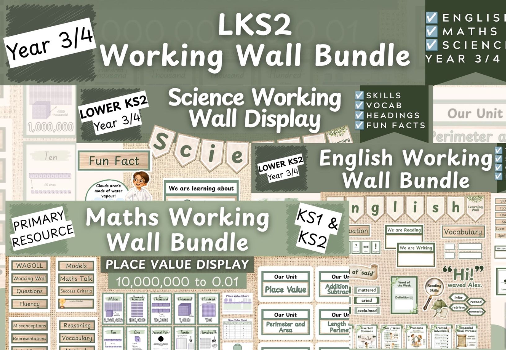 Lower Key Stage Two English Maths and Science Working Wall Display Bundle, Place Value, Punctuation, Grammar, Vocabulary Displays, Year 3 and 4 neutral classroom