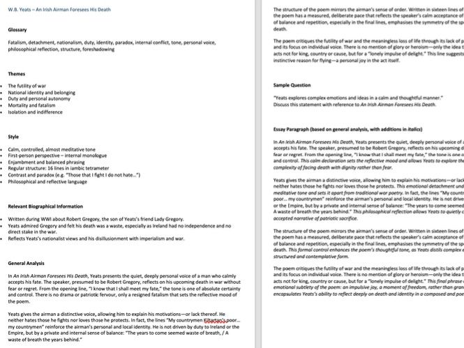 Yeats Revision Notes & Essay Practice – Leaving Cert English HL