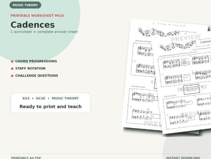 Cadences Worksheet Pack | Printable Music Theory Activities PDF