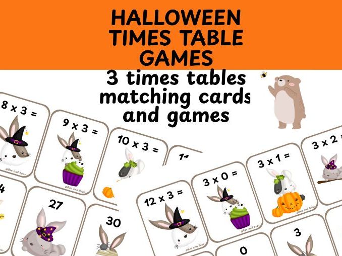 3 times table card games Halloween themed