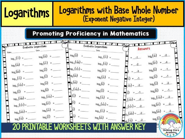 Logarithm with Base Whole Numbers (Exponent as Negative Integer) Worksheets