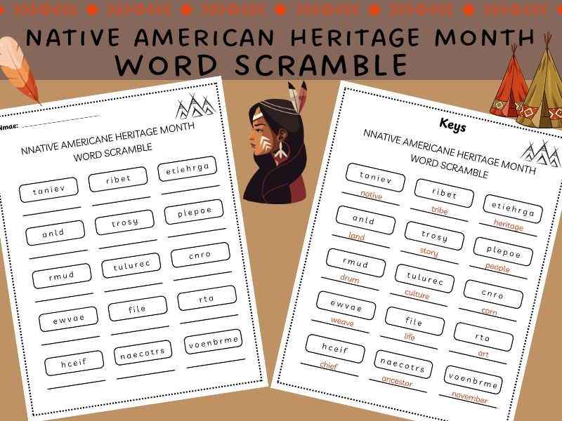 Native American Heritage Month Word Scramble | Vocabulary Builder Activity (Grades 3-6)