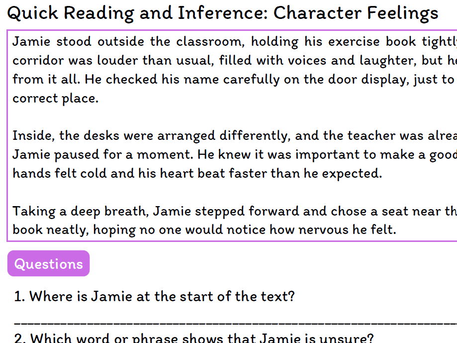 Quick Reading and Inference Comprehension – Character Feelings