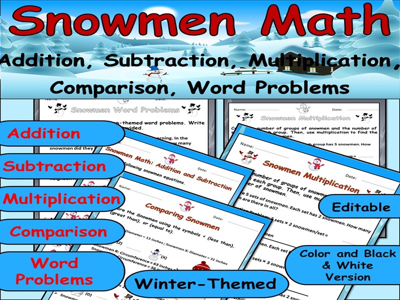Winter Mixed Operations Worksheet | Addition, Subtraction, Multiplication & Word Problems