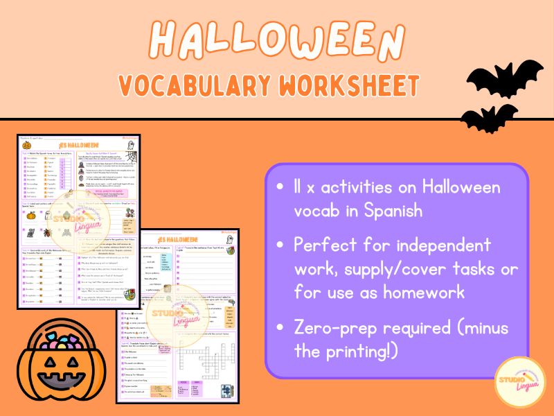 Spanish Halloween Vocabulary Worksheet | KS2 / KS3 / Beginners Spanish | Printable PDF