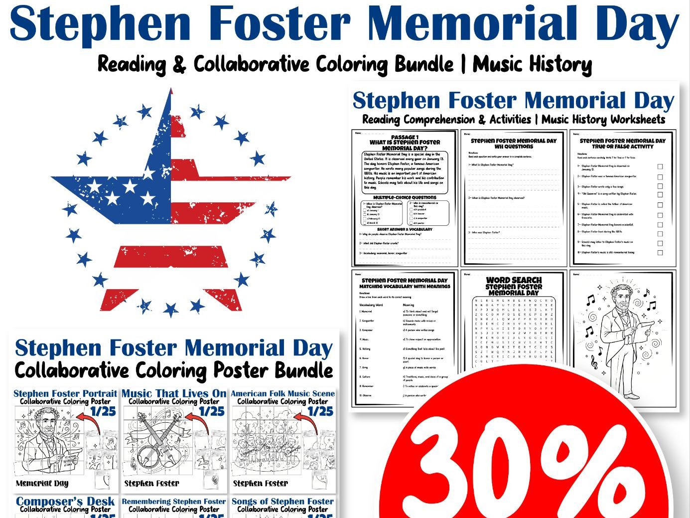 Stephen Foster Memorial Day Reading & Collaborative Coloring Bundle | Music History