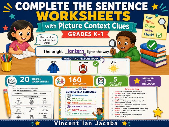 Complete the Sentence Worksheets with Picture Context Clues | Kindergarten–Grade 1 Literacy Activiti