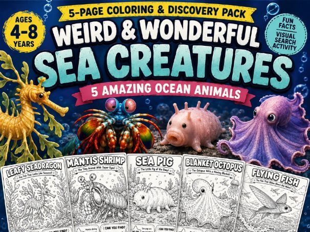 Weird & Wonderful Sea Creatures — 5-Page Coloring & Discovery Pack (K-Grade 2)
