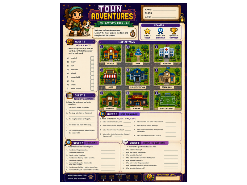 Town Adventures | A1 ESL Worksheet Pack | Places & Prepositions
