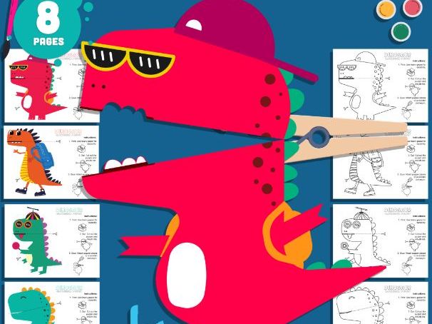 Dinosaur Clothespin Puppets, Funny Dino Puppet Craft for Kids, Color Cut and Create