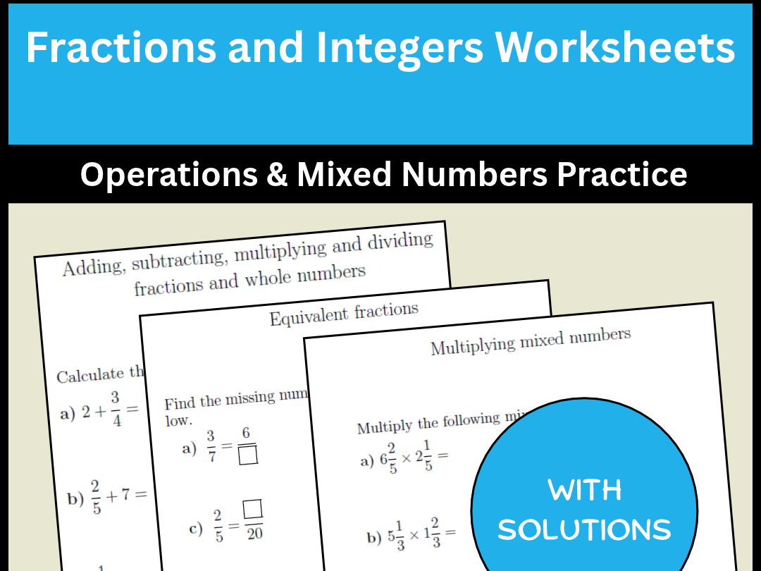 Fractions and Integers Worksheets Operations & Mixed Numbers Practice