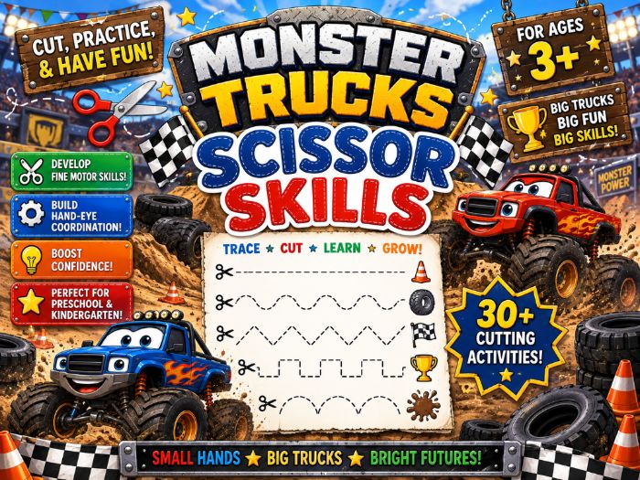 Monster Truck Scissor Skills Worksheets | Cutting Practice & Fine Motor Activities | Preschool–1st