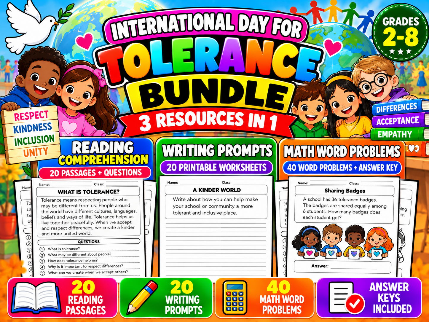 International Day for Tolerance Activities Bundle | Reading, Writing & Math | Grades 2–8