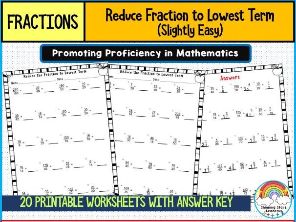 Reduce the Fraction to Lowest Terms (Simplifying Fractions – Easy Level) Worksheets | Printable Math