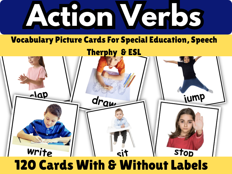 Action Verb Vocabulary Flashcards For Speech Therapy, Autism ESL , Real Photo Cards