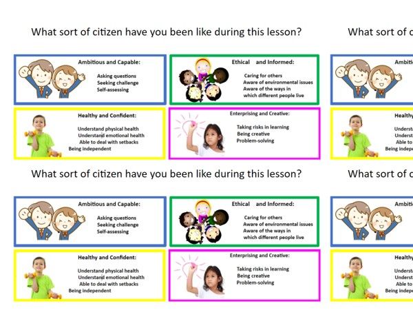 Four Purposes labels for display and pupil self assessment.