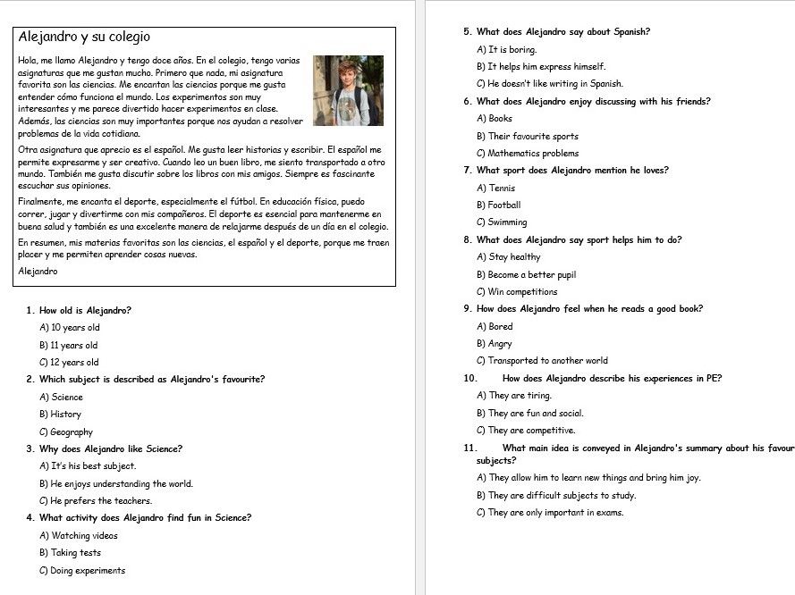 Spanish - Favourite school subjects - Alejandro y su colegio - Reading practice