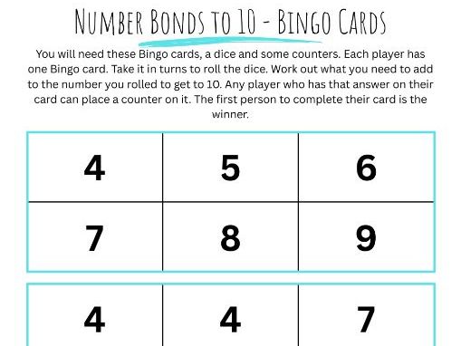 Number Bonds withing 10 Bingo Cards
