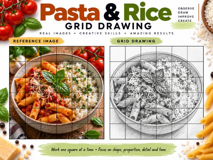 Pasta & Rice Grid Drawing Worksheets | 20 Real Photo Art Activities | KS3 KS4 Food Still Life