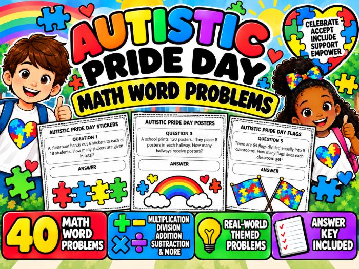 Autistic Pride Day Math Word Problems | 40 Themed Math Problems & Answer Key