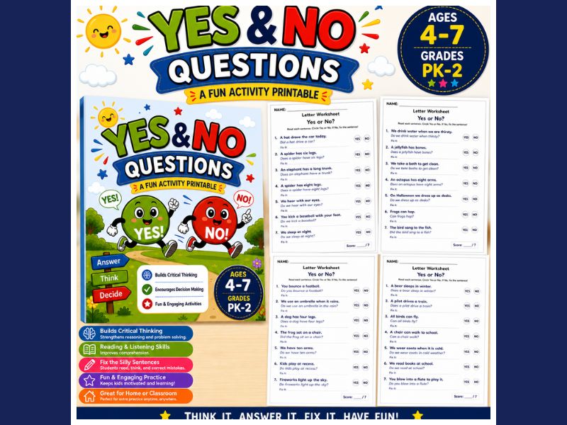 Yes or No Questions Printable Worksheets for PreK-2 Critical Thinking and Reading Comprehension