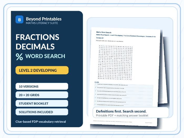 Fractions, Decimals and Percentages Level 2 Maths Word Search | 10 Printable Vocabulary Puzzles with