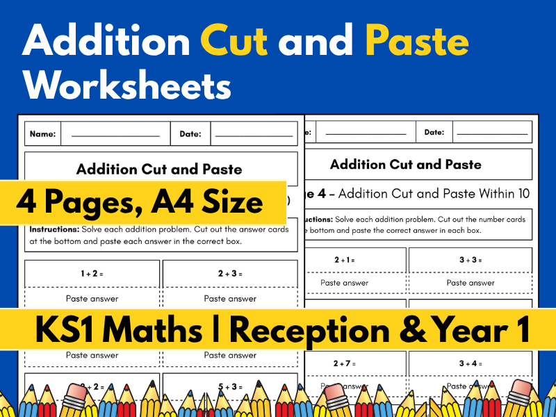 Addition Cut and Paste Worksheets Within 10 | KS1 Maths | Reception & Year 1